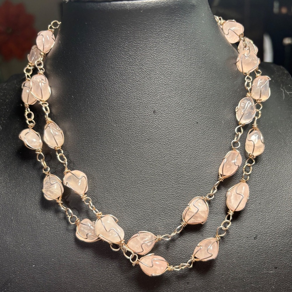 Caged Rose Quartz Stone Station Necklace Silver Tone Wire Wrap 32" Long Boho